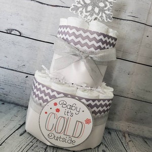 2 Tier Diaper Cake and mini 3 piece set Baby it's Cold Outside Theme Silver Snowflakes Red Blue Pink Winter Theme Baby Shower image 5