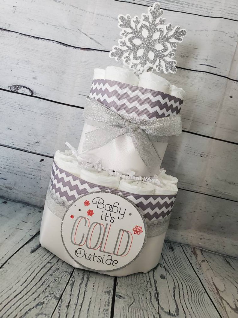 2 Tier Diaper Cake and mini 3 piece set Baby it's Cold Outside Theme Silver Snowflakes Red Blue Pink Winter Theme Baby Shower image 5