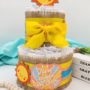 2 Tier Diaper Cake Here Comes the Son Theme Turquoise Coral Yellow and Burlap with Sunshine Summer Fun Baby Shower Centerpiece image 2