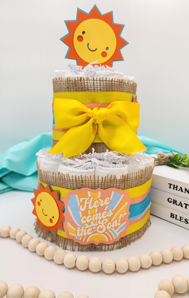 2 Tier Diaper Cake Here Comes the Son Theme Turquoise Coral Yellow and Burlap with Sunshine Summer Fun Baby Shower Centerpiece image 2