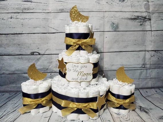 Love you to the moon and Back Navy and Gold Burlap Silver Moon and Stars - 3 Tier Diaper Cake and mini 3 piece set - Baby Shower Centerpiece