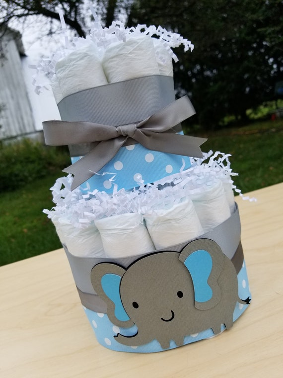 2 Tier Diaper Cake - Blue Elephant Theme Diaper Cake for Baby Boy Shower Centerpiece Yellow and Pink Options