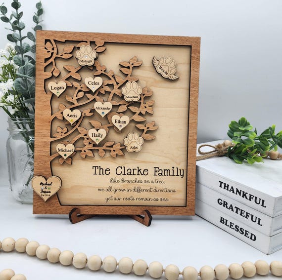 Personalized Family Tree Sign: Birthstone Gems, Engraved Maple Wood