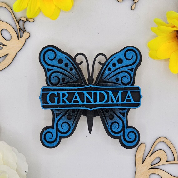 Grandma Butterfly Car Vent Clip with Diffuser foam pad Blue Black - Simple Gifts, 3" Wood decor, Mothers Day Gift Grandparents Gift Home