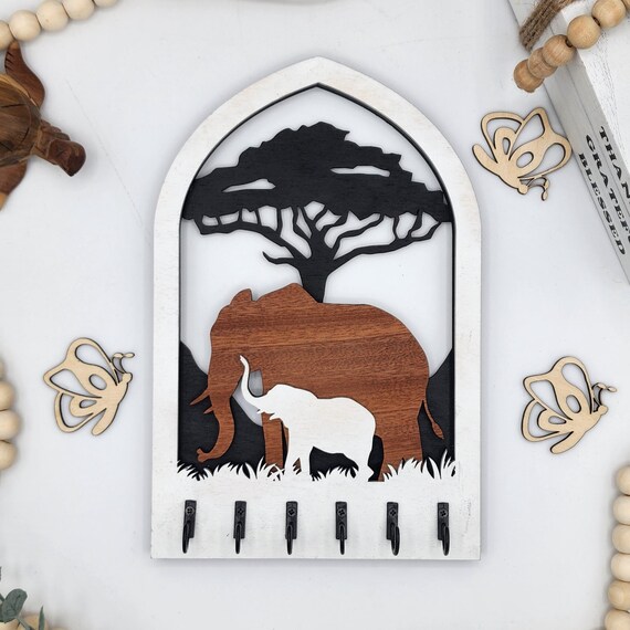 Elephant-themed Key Organizer, Mother and Baby Elephant Decor, Wall Key Holder, Dog Leash Hanger