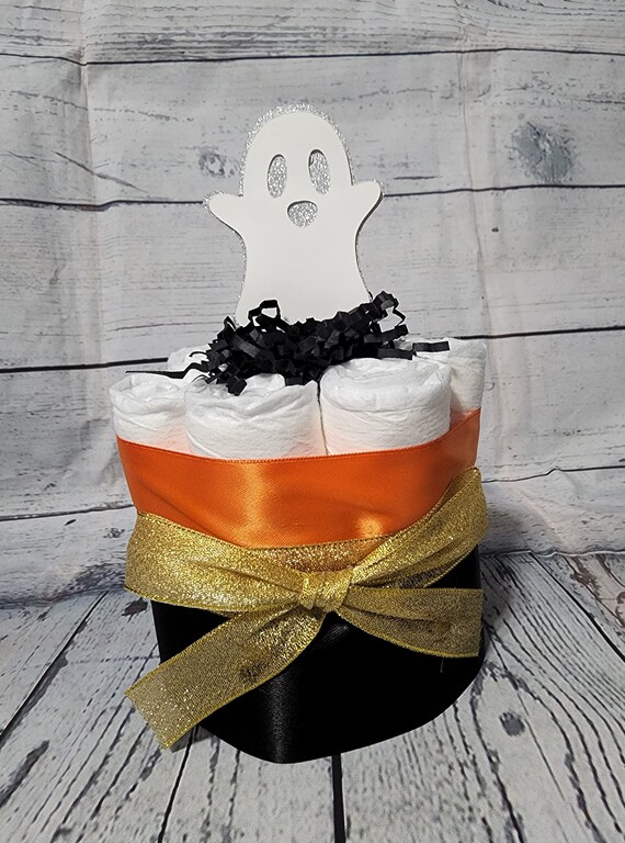 Mini Diaper Cake Little Boo Pumpkin Theme - Gold Black and Orange Ghost Spiderweb Bats Halloween Baby Shower Centerpiece