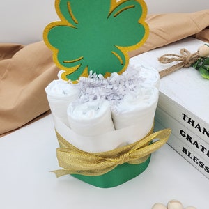 Mini Diaper Cake A Lucky Little Shamrock is on the Way Theme Green and Gold Clovers Baby Shower Centerpiece image 3