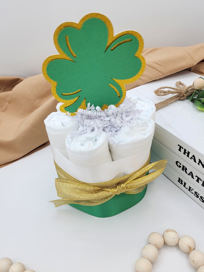 Mini Diaper Cake A Lucky Little Shamrock is on the Way Theme Green and Gold Clovers Baby Shower Centerpiece image 3