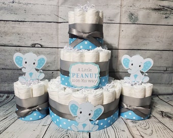 3 Tier Diaper Cake and mini 3 piece set - Little Peanut Elephant - Blue and Gray Pink Yellow Eucalyptus Green Elephant Baby Shower Virtual