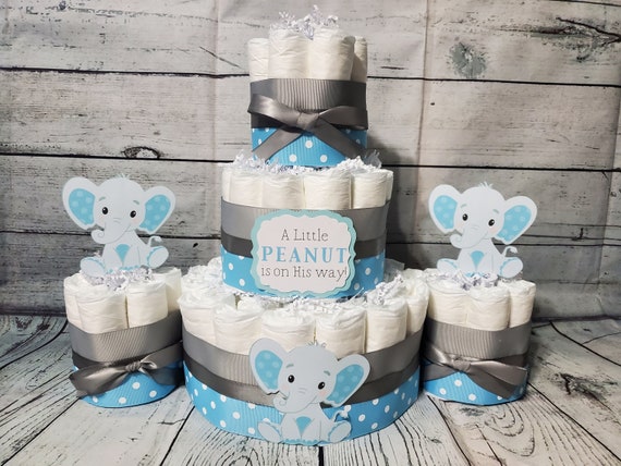 3 Tier Diaper Cake and mini 3 piece set - Little Peanut Elephant - Blue and Gray Pink Yellow Eucalyptus Green Elephant Baby Shower Virtual