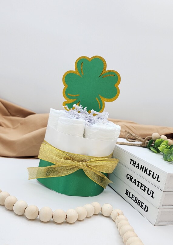 Mini Diaper Cake  A Lucky Little Shamrock is on the Way! Theme - Green and Gold Clovers Baby Shower Centerpiece