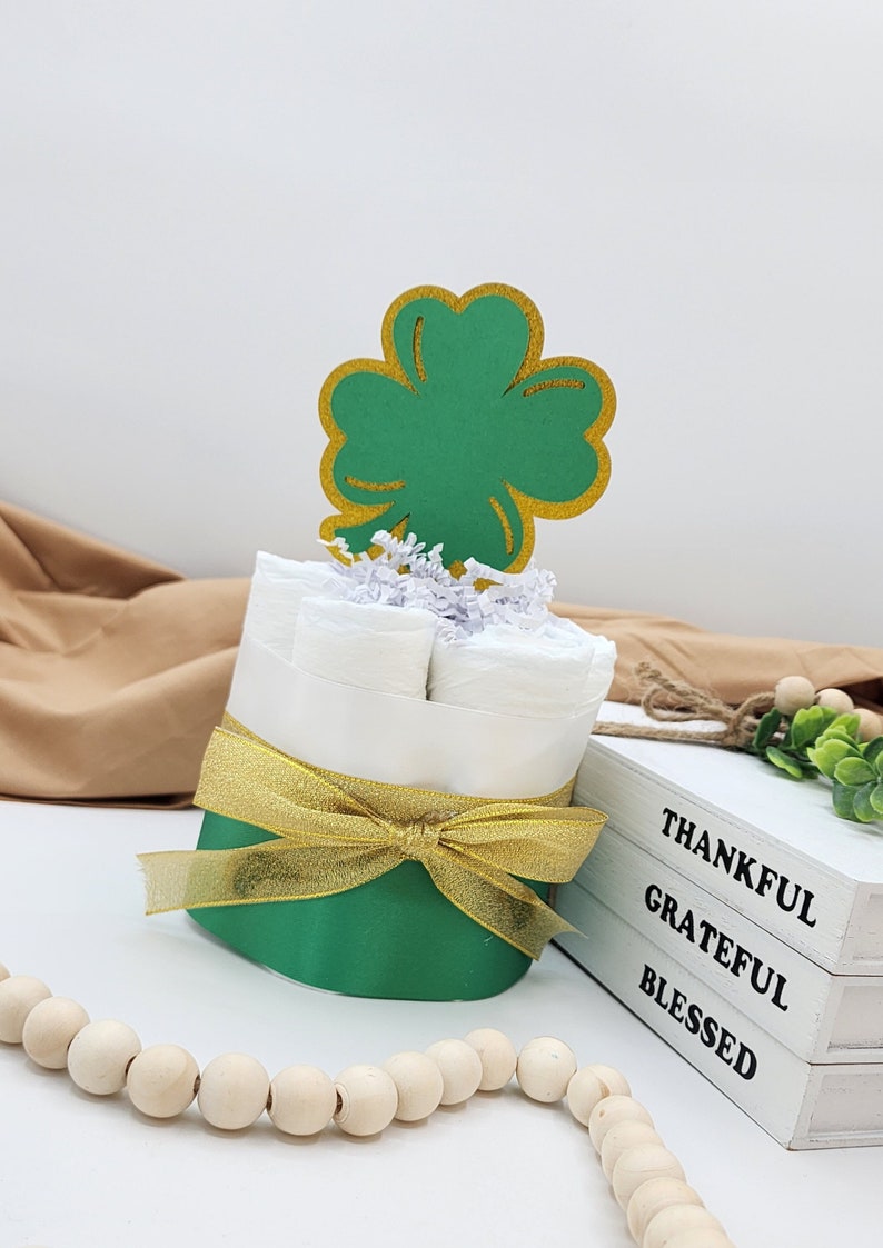 Mini Diaper Cake A Lucky Little Shamrock is on the Way Theme Green and Gold Clovers Baby Shower Centerpiece image 1