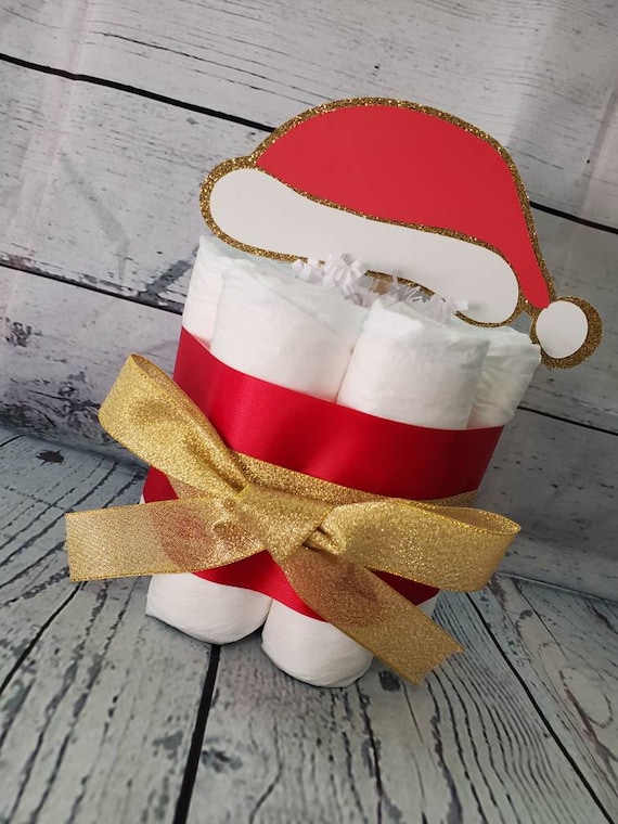 Mini Diaper Cake - Santa Baby Theme Red and Gold - Red and White Winter Theme Christmas Xmas Baby Shower Centerpiece