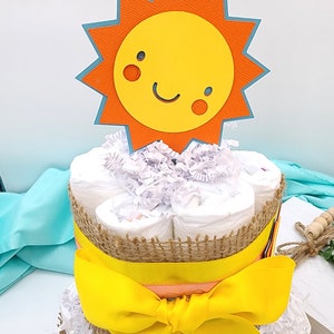 2 Tier Diaper Cake Here Comes the Son Theme Turquoise Coral Yellow and Burlap with Sunshine Summer Fun Baby Shower Centerpiece image 5