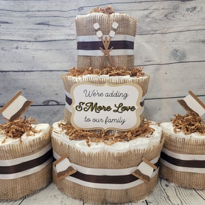 3 Tier Diaper Cake and mini 3 piece set - S&#39;More Love Theme - Chocolate Brown Marshmallow Smore with Burlap Campfire Baby Shower Centerpiece