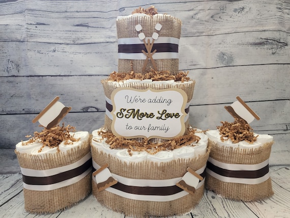 3 Tier Diaper Cake and mini 3 piece set - S'More Love Theme - Chocolate Brown Marshmallow Smore with Burlap Campfire Baby Shower Centerpiece