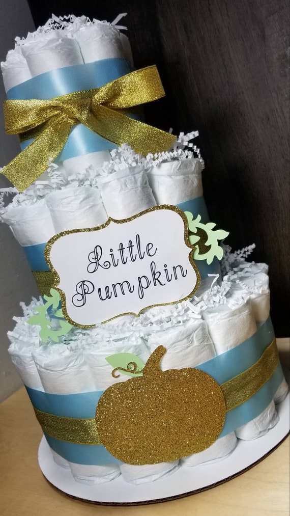 Little Pumpkin Theme Blue, Pink, Brown and Gold or Silver - 3 Tier Diaper Cake - Fall Theme Baby Shower Centerpiece
