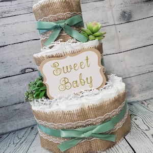 Succulent theme Eucalyptus Green with Burlap Diaper Cake for Baby Shower - 3 Tier Diaper Cake / Neutral Shower Centerpiece / Customized Cake