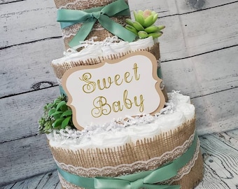 Succulent theme Eucalyptus Green with Burlap Diaper Cake for Baby Shower - 3 Tier Diaper Cake / Neutral Shower Centerpiece / Customized Cake