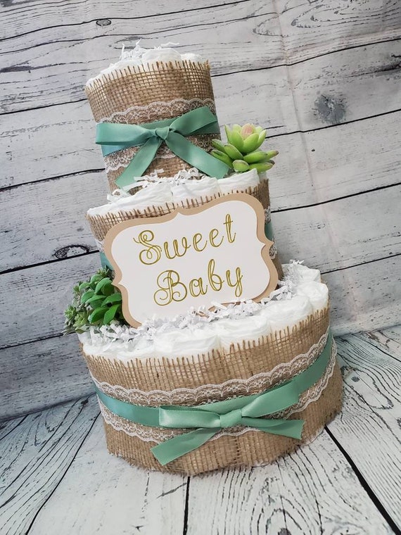 Succulent theme Eucalyptus Green with Burlap Diaper Cake for Baby Shower - 3 Tier Diaper Cake / Neutral Shower Centerpiece / Customized Cake