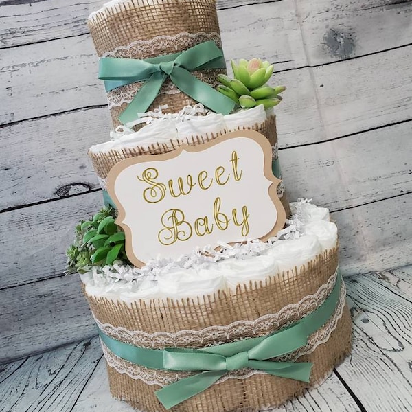 Succulent theme Eucalyptus Green with Burlap Diaper Cake for Baby Shower - 3 Tier Diaper Cake / Neutral Shower Centerpiece / Customized Cake