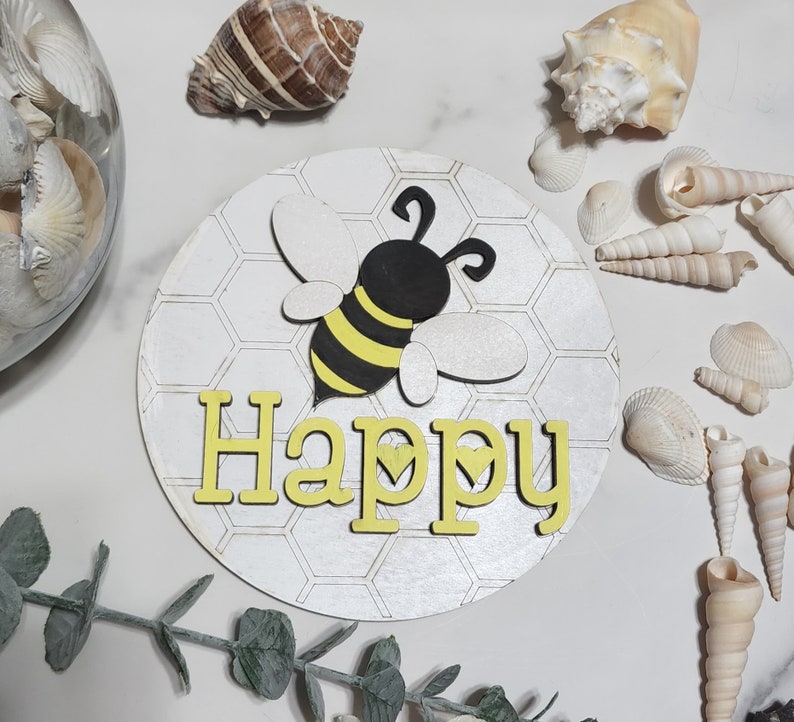 BEE Happy Theme Round INSERT ONLY 6 Home Decor, Baby Shower sign, fits in Interchangable frame, Yellow and Black with White image 1