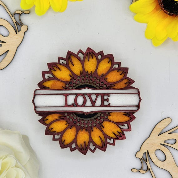 Love Sunflower Car Vent Clip with Diffuser foam pad Red Yellow - Simple Gifts, 3" Wood decor, Mothers Day Gift Grandparents Gift Home Decor