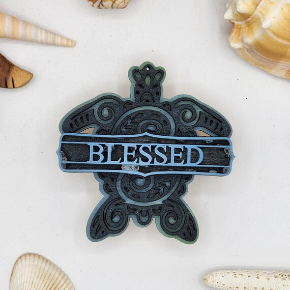 Blessed Sea Turtle Car Vent Clip with Diffuser foam pad Blue Green Black - Simple Gifts, 3" Wood decor, Mothers Day Gift Grandparents Gift