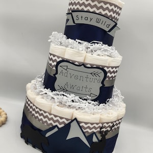 3 Tier Diaper Cake - Mountain Diaper Cake for Baby Shower Centerpiece /Adventure Awaits Diaper Cake Baby Navy Cake Purple and Silver Neutral