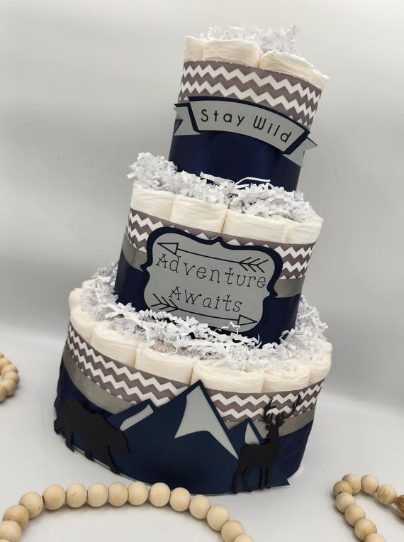 3 Tier Diaper Cake - Mountain Diaper Cake for Baby Shower Centerpiece /Adventure Awaits Diaper Cake Baby Navy Cake Purple and Silver Neutral