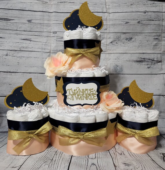 3 Tier Diaper Cake and mini 3 piece set - Twinkle Twinkle  Diaper Cake Navy Blue and Gold Peach/ Star Diaper Cake / Navy Blue Diaper Cake
