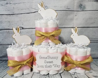 2 Tier Diaper Cake and mini 3 piece set - Some Bunny Sweet is on their way Theme - Pink White and Gold Bunny Baby Shower Centerpiece