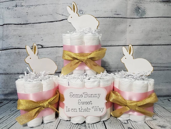 2 Tier Diaper Cake and mini 3 piece set - Some Bunny Sweet is on their way Theme - Pink White and Gold Bunny Baby Shower Centerpiece