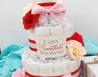 3 Tier Diaper Cake - A Little Sweetheart is on the Way Valentines with Red Pink and White Hearts - Shower Centerpiece