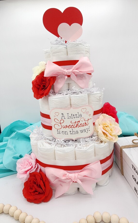 3 Tier Diaper Cake - A Little Sweetheart is on the Way Valentines with Red Pink and White Hearts - Shower Centerpiece