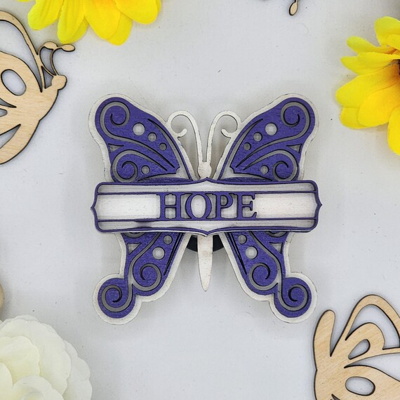 Hope Butterfly Car Vent Clip with Diffuser foam pad Purple White- Simple Gifts, 3" Wood decor, Mothers Day Gift Grandparents Gift Home Decor