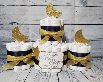 2 Tier Diaper Cake and mini 3 piece set - Love you to the moon and Back Theme Navy and Gold Burlap Silver Moon Stars Baby Shower Centerpiece