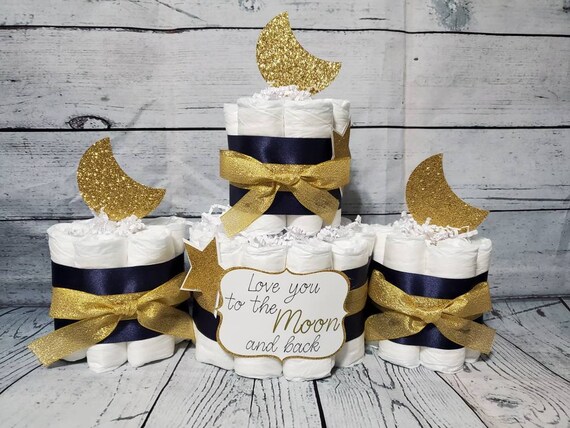 2 Tier Diaper Cake and mini 3 piece set - Love you to the moon and Back Theme Navy and Gold Burlap Silver Moon Stars Baby Shower Centerpiece