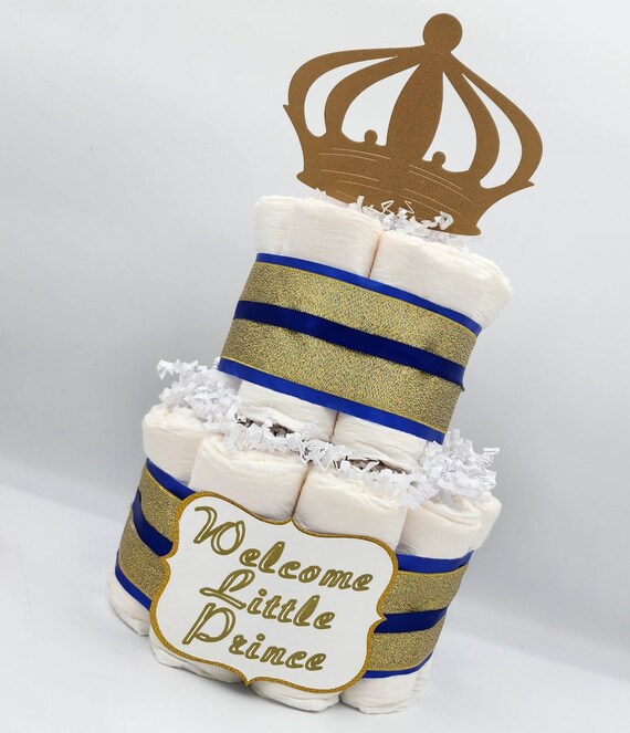 2 Tier Diaper Cake - Royal Blue and Gold Custom Prince Theme Diaper Cake for Baby Shower Centerpiece