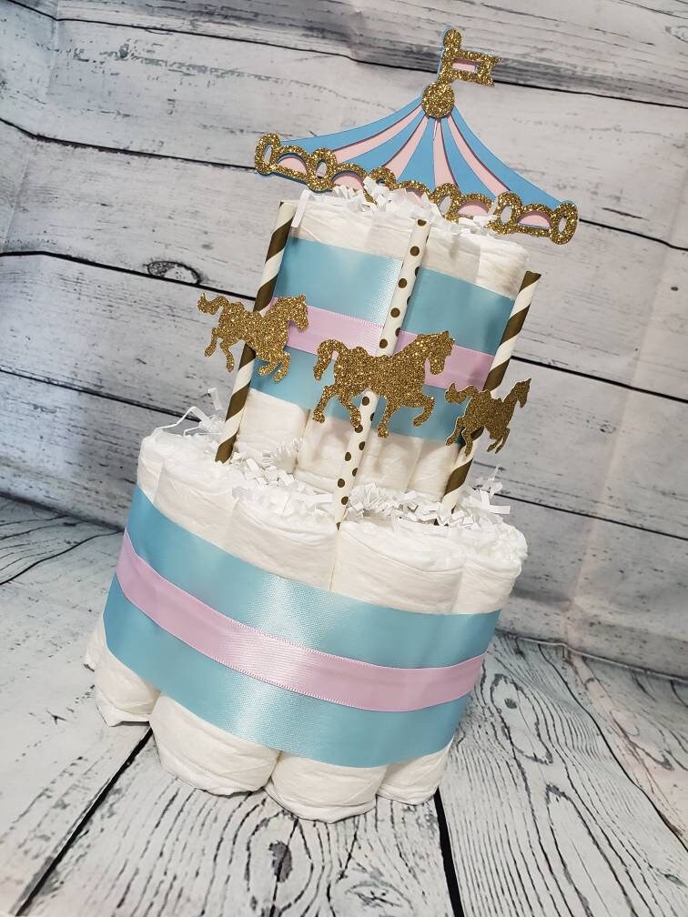 3 Tier Diaper Cake 3 Piece Set Carousel Merry Go Round Theme Etsy