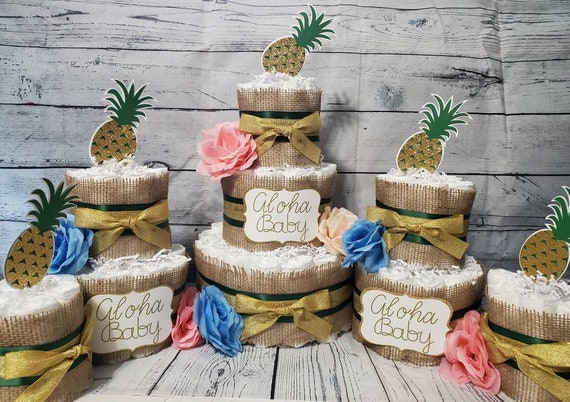3 Tier Diaper Cake 5 piece set - Aloha Baby Hawaiian Theme Burlap and Pineapple Green and Gold Baby Shower Centerpiece