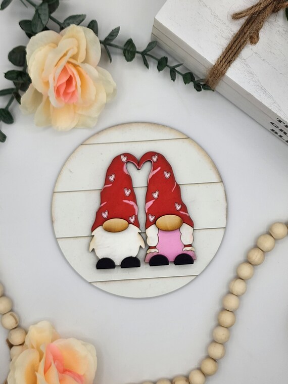 Two Heart Gnomes - 6" Round INSERT ONLY - Valentine Day Theme, Red White Pink Gnomes Signs for Interchangeable Round Frame