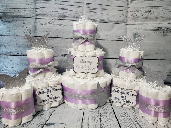 3 Tier Diaper Cake 5 piece set - Butterfly Kisses and Baby Wishes Theme - Purple and Silver Gold Baby Shower Centerpiece