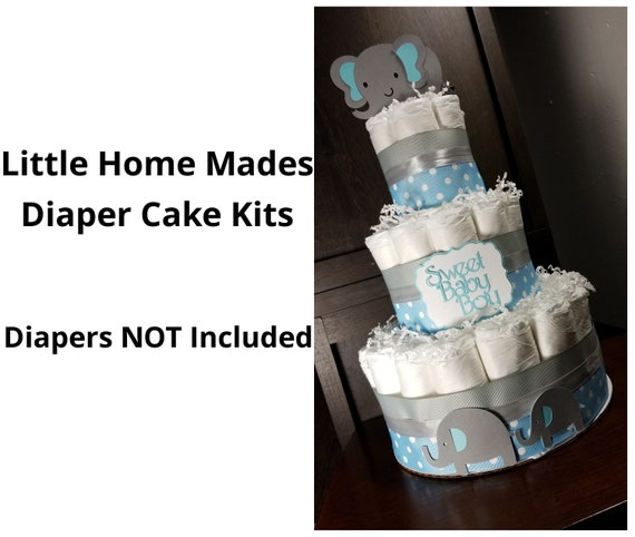 Elephant Diaper Cake Kit for Baby Boy Baby Shower / Blue and Silver / Baby Boy DIY elephant ribbon and cutouts kit - Diapers Not Included