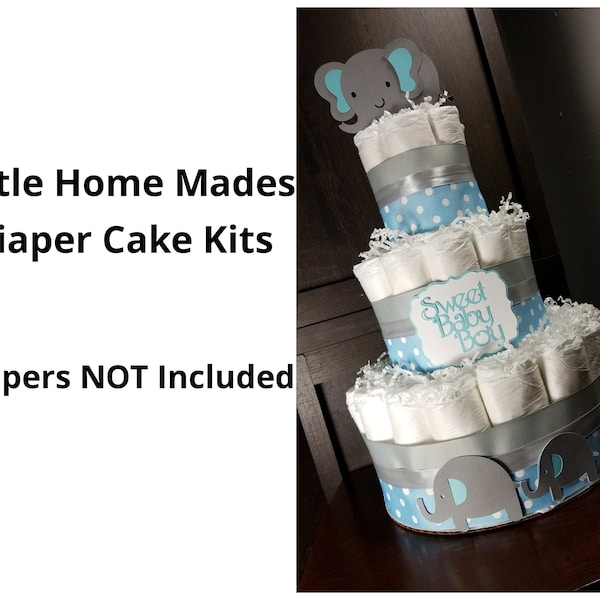 Elephant Diaper Cake Kit for Baby Boy Baby Shower / Blue and Silver / Baby Boy DIY elephant ribbon and cutouts kit - Diapers Not Included