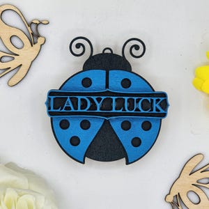 May include: A blue and black wooden ladybug with the words "Lady Luck" written on a banner across its body.