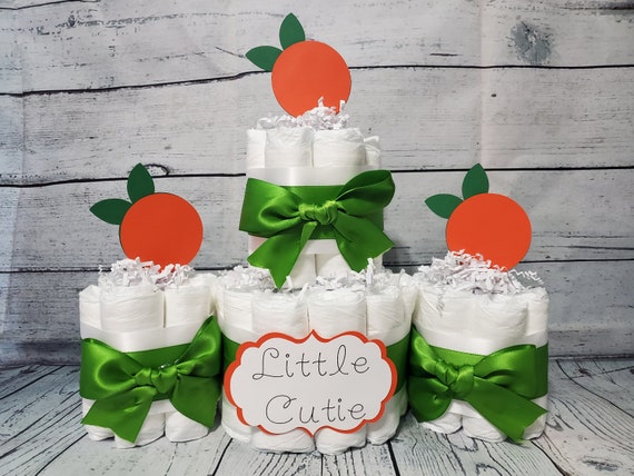 2 Tier Diaper Cake and mini 3 piece set - Little Cutie Orange White and Green Theme - Clementine Baby Shower Centerpiece