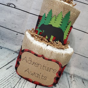 2 Tier Diaper Cake and mini 3 piece set Adventure Awaits Woodland Theme Red Black Buffalo Check Bear and Deer Baby Shower Centerpiece image 2