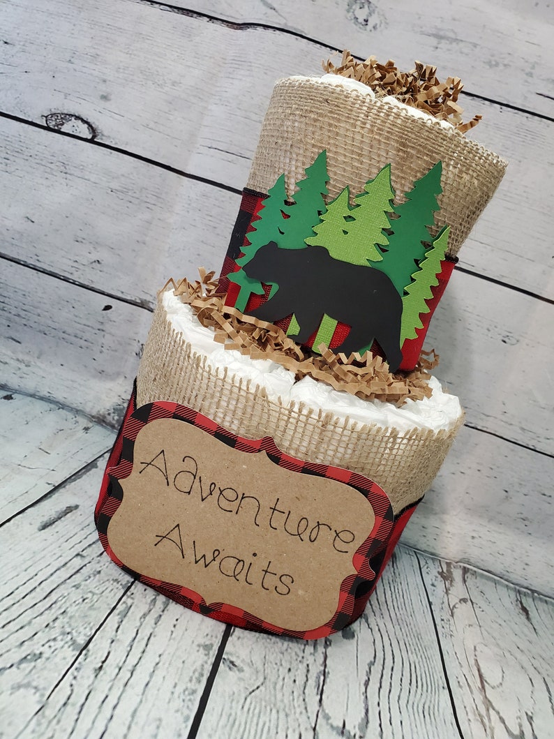 2 Tier Diaper Cake and mini 3 piece set Adventure Awaits Woodland Theme Red Black Buffalo Check Bear and Deer Baby Shower Centerpiece image 2