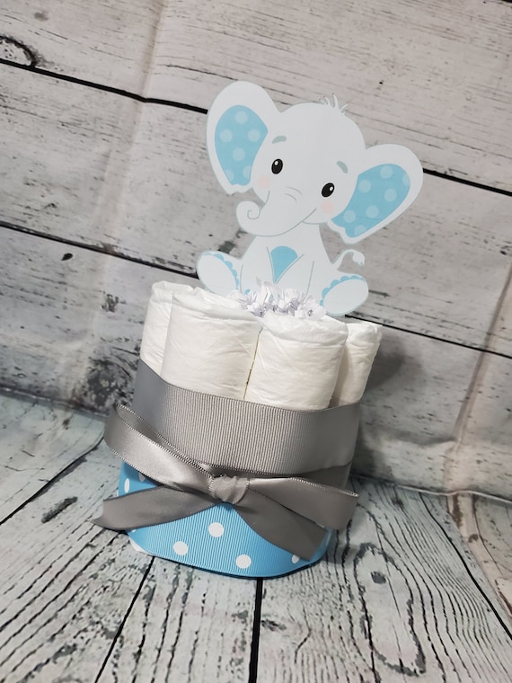 Mini Diaper Cake Little Peanut Elephant Theme - Pink Yellow Eucalyptus Green Blue and Gray Elephant Baby Shower Centerpiece Virtual